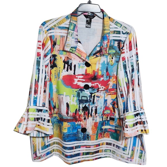 Ali Miles Womens 2X Wire Collar Abstract Print Ruffle Sleeve Button Up Top Shirt - Picture 3 of 9